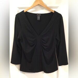 BCBG Stretch Knit 3/4 Sleeve Y-Neck Blouse